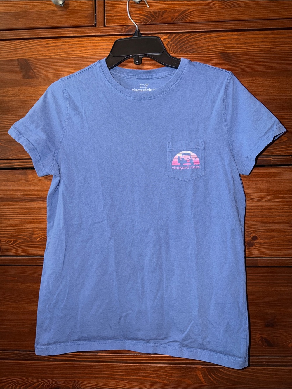 Vineyard Vines Navy Golf Cart Sunset Pocket Tee Pink Logo Graphic Medium